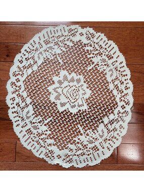 Vintage Cream Lace Doily Floral Design 16x15" Crochet Tabletop Decor